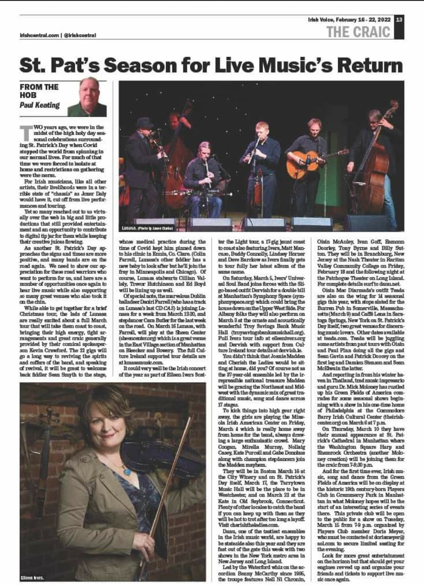 Lúnasa (@lunasaband) on Twitter photo Lots of great Irish music in the New York City region over the next month. Our friends in <a href="/cherishtheladi1/">cherishtheladies</a> <a href="/danu_trad/">Danú</a> <a href="/dervishofficial/">Dervish</a> and <a href="/eileenivers/">Eileen Ivers</a> all playing concerts in the area. Our own NYC gig with <a href="/daoiri/">Daoiri Farrell</a> is March 16 at The Sheen Center. 👍🇮🇪
sheencenter.org/lunasa Lots of great Irish music in the New York City region over the next month. Our friends in <a href="/cherishtheladi1/">cherishtheladies</a> <a href="/danu_trad/">Danú</a> <a href="/dervishofficial/">Dervish</a> and <a href="/eileenivers/">Eileen Ivers</a> all playing concerts in the area. Our own NYC gig with <a href="/daoiri/">Daoiri Farrell</a> is March 16 at The Sheen Center. 👍🇮🇪
sheencenter.org/lunasa