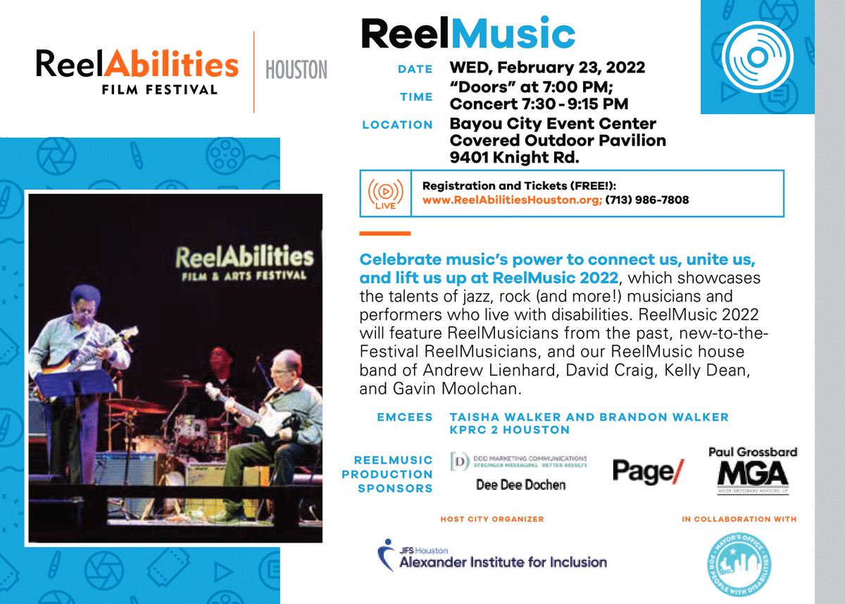 millergrossbard's tweet photo. Join us next Wed at the ReelMusic event, part of the @ReelAbilityHou Film &amp; Arts Festival! We are proud to be one of the sponsors of this festival and help spread the message of inclusion by eliminating the stigma associated with disabilities through the cultural arts. https://t.co/QHKBOTiKOa