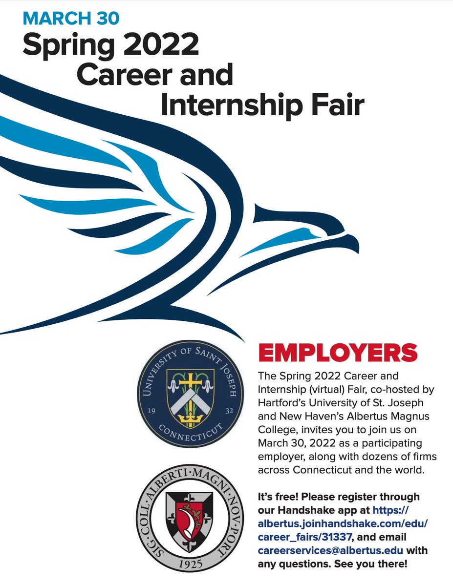 Attention employers: Albertus Magnus College is co-hosting the Spring 2022 Career and Internship Fair on March 30! Join us to share the professional opportunities your company has to offer.

Register here: ow.ly/ciSu50HWJWV

#CareerReady #CTJobFair #StudentSuccess