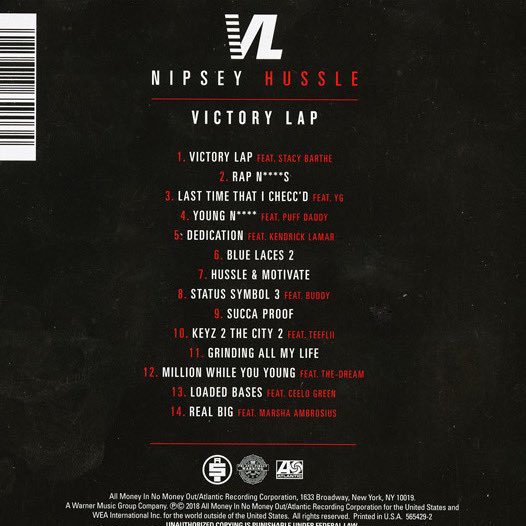 XXL's tweet photo. Four years ago today, Nipsey Hussle dropped his debut studio album Victory Lap 🏁

What’s your favorite song on here? https://t.co/FfYS2ulN6z
