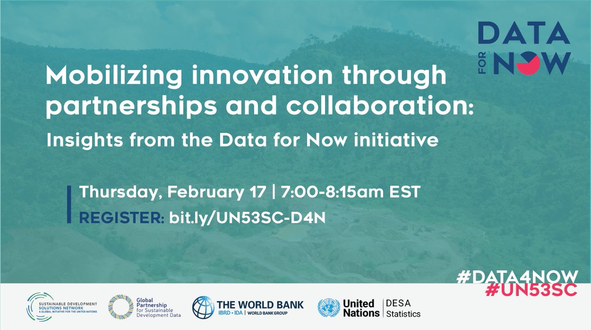 UNDataForum's tweet photo. 🗣Join us tomorrow❗️
🗓 17 Feb ⏰ 7 AM (EST)
#UNSC53 side event "Mobilizing innovation through partnerships and collaboration: Insights from the #DataforNow initiative" @Data4SDGs, @sdsn_TReNDS @WorldBank @UNStats
⚠️ Register now: https://t.co/7lQ93vjECq" https://t.co/9QJneoHOQT