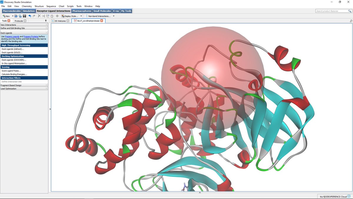 We're partnering w/Dassault Systèmes (<a href="/Dassault3DS/">Dassault Systèmes</a>) on a cloud-based virtual screening solution via @3dsBiovia's 3DEXPERIENCE platform. Here's a preview, showing the #COVID19 main protease's defined binding site ready for virtual screening. Learn more:
hubs.ly/Q014j43X0