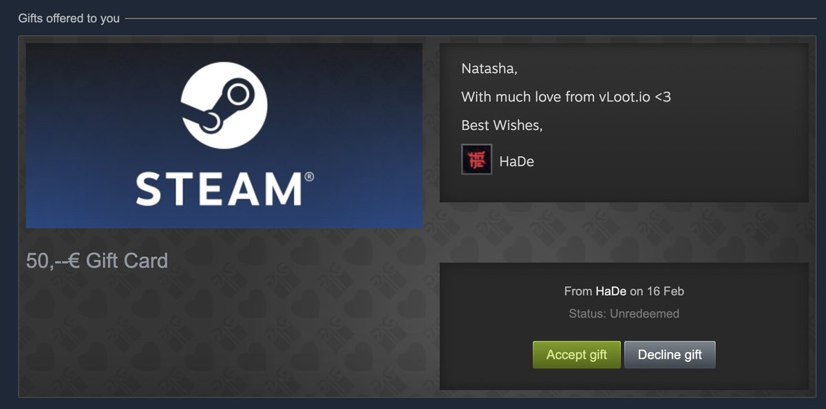 ragethekilljoy's tweet image. Just received my prize from a @vloot_io giveaway, 50€ steam gift! Excited :D