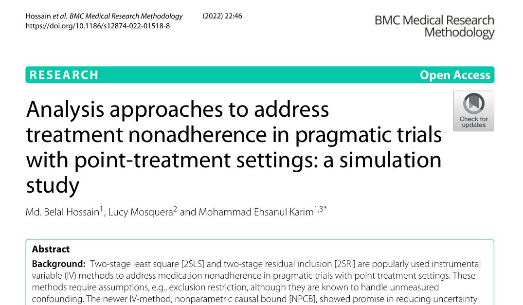 New article with @BelalAnik & Lucy Mosquera in BMC Medical Research Methodology @ubcspph @CHEOSNews @BCSUPPORTUnit @NSERC_CRSNG @HlthResearchBC #PatientOrientedResearch #PragmaticTrial #CausalInference #Nonadherence #Simulation #MethodsMatters doi.org/10.1186/s12874…