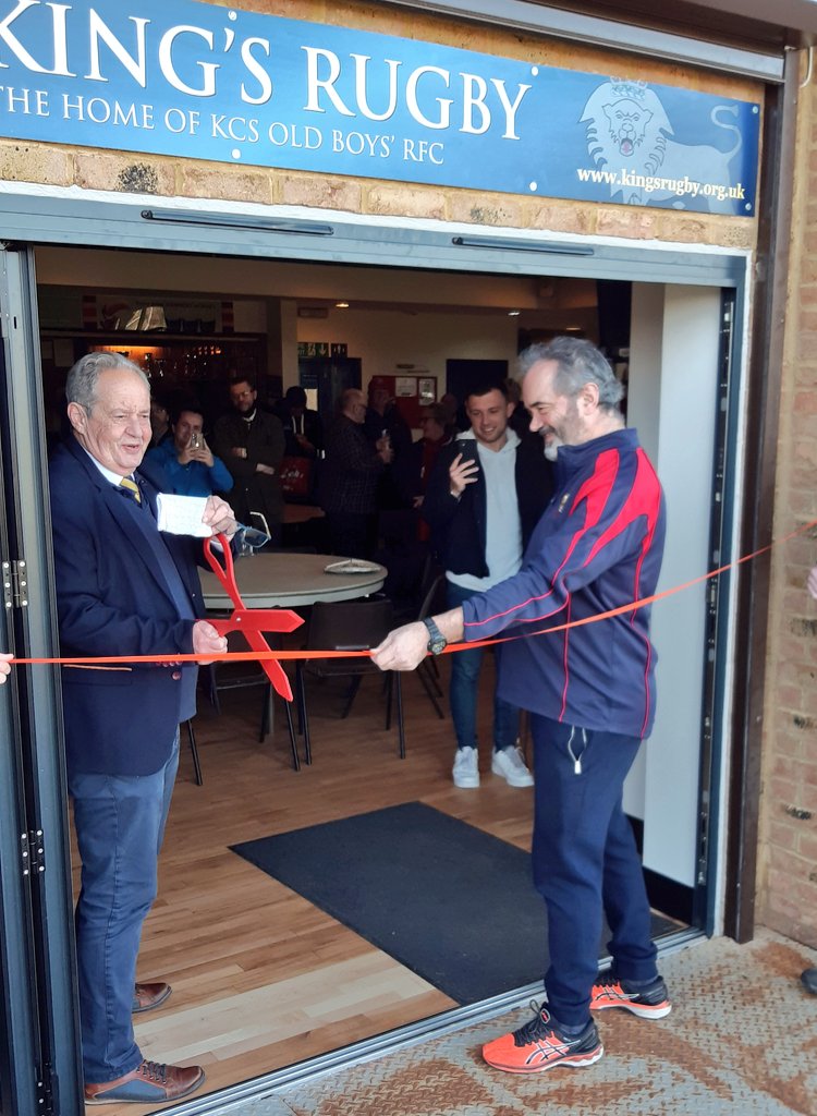 KingsrugbyUK's tweet photo. On Saturday President Tony Allen took the opportunity to thank the many (many) benefactors whose generosity made the balcony possible before, in time honoured fashion, cutting the ribbon 🎀 ✂️🤩

#BalconyProject #BuildIt #TheyWillCome #GroundImprovements #MezzanineOfDreams https://t.co/0xYVujZe3Q
