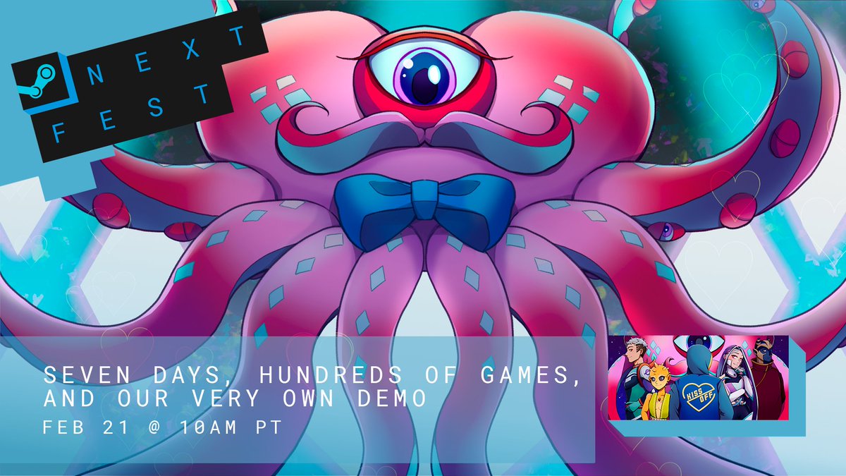 We're proud to announce that our Prologue/Demo game, 'Kiss/OFF: AUDITION' will be playable this Monday, Feb 21st as part of #SteamNextFest!
This will be a free, full story. Check it out on Steam in just five short days!
#visualnovel #indiegame #kissoff #eyesuptentliestingly🦑