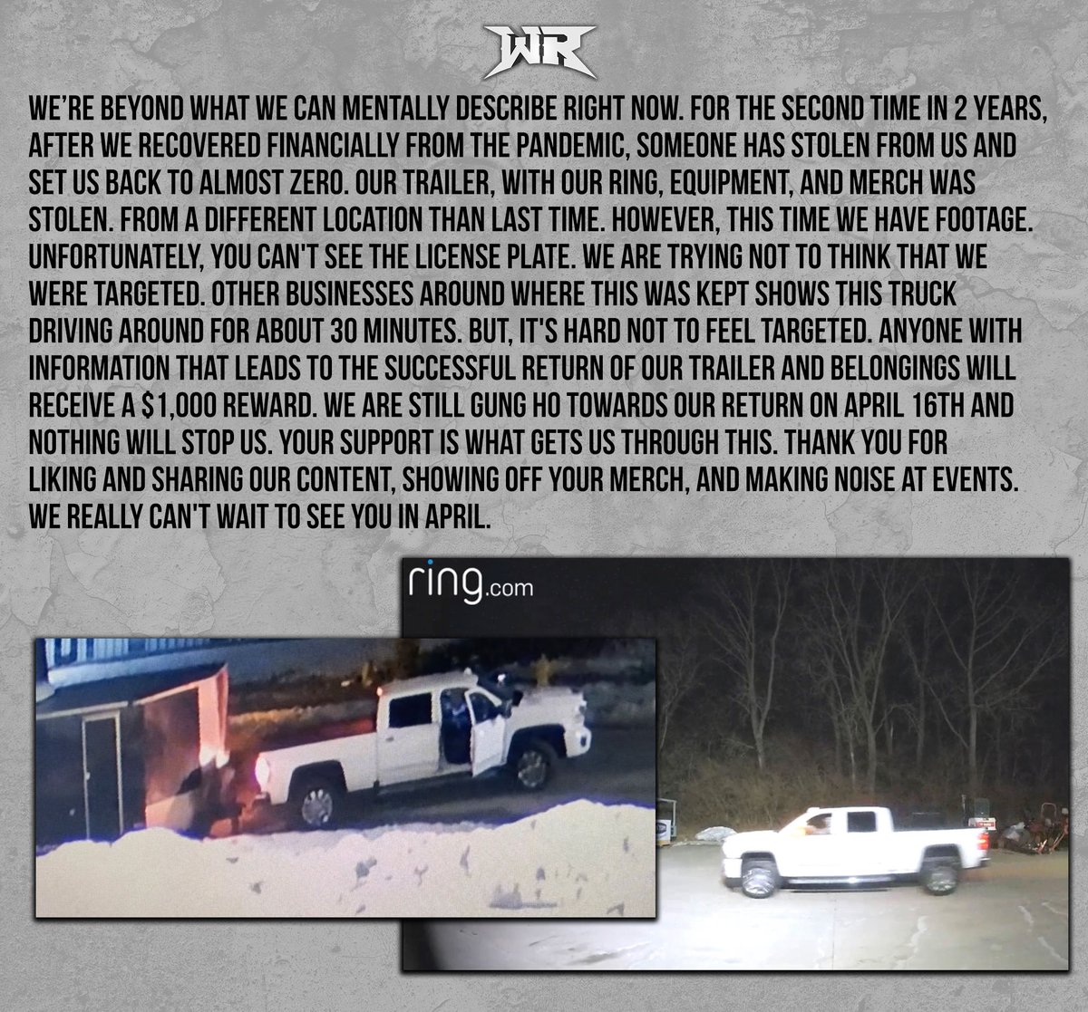 PWRevolver's tweet photo. PLEASE READ &amp; RT:

WE NEED YOUR HELP!

For the 2ND TIME in 2 years our ring trailer has been STOLEN. It had our ring, lights, entrance, banners, &amp; video boards.

We are offering a $1000 DOLLAR REWARD to anyone that might have info that leads to us finding our trailer. https://t.co/pdaMp0Hifj