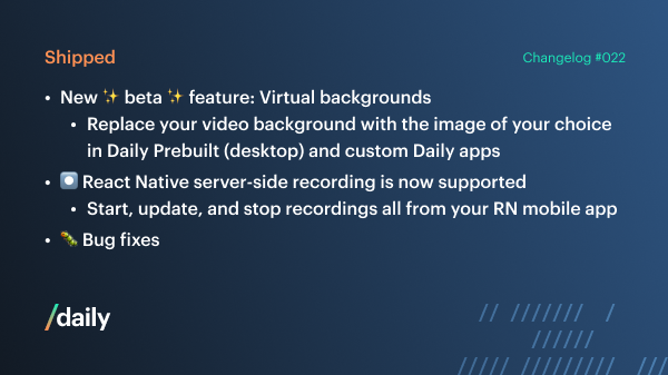 📣 New Changelog:
In our latest release, we’re helping you literally work from anywhere: record your video calls from your phone and try out our new (beta) virtual backgrounds feature docs.daily.co/changelog/022-…