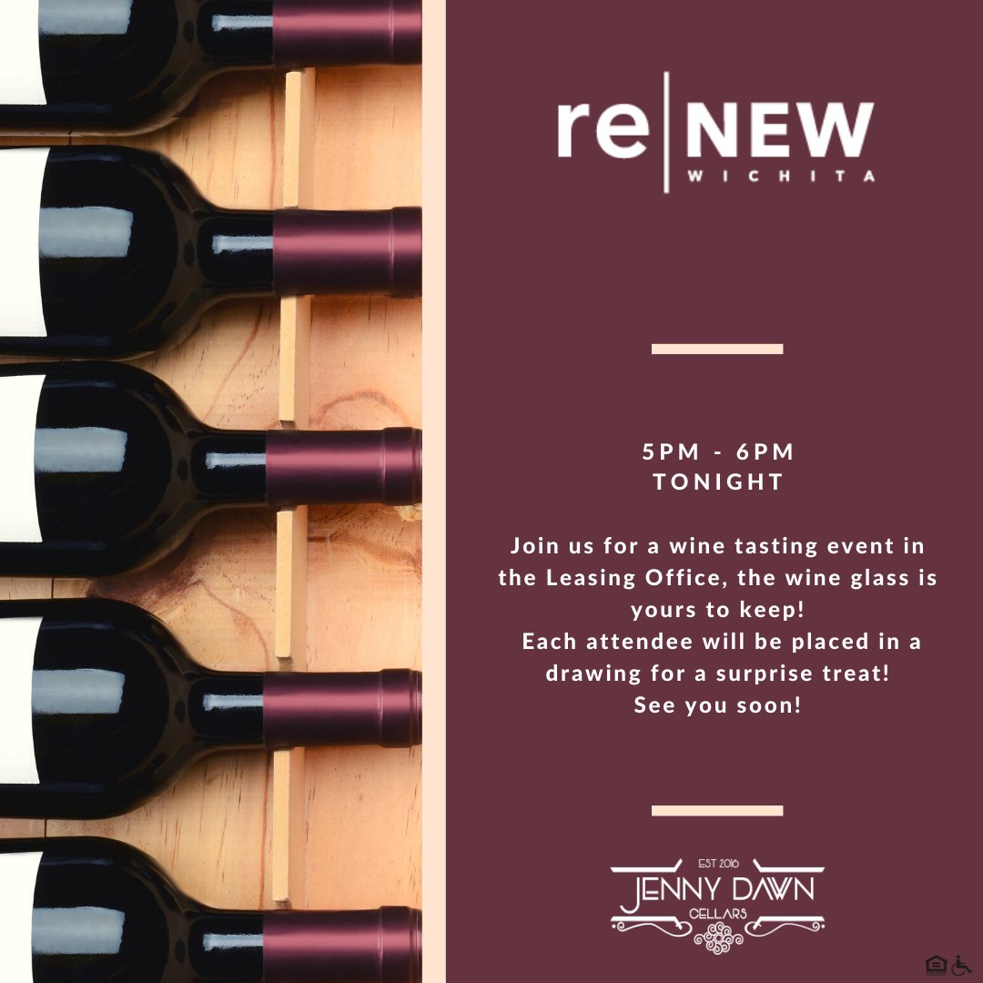 Don't forget to come to the Leasing Office tonight to taste wine from Jenny Dawn Cellars! 🍷