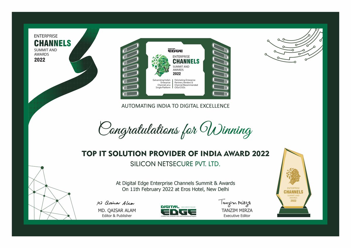 Siliconetsecure's tweet image. Honoured to take the Top IT Solution Provider of India Award 2022 on behalf of #TeamSNPL at the Enterprise Channels Summit &amp;amp; Awards 2022. Thank you @DigitalEdgeMag2 for the motivation and recognition.

#AwardsandHonors #CyberSecurity #EnterpriseSecurity #InformationSecurity