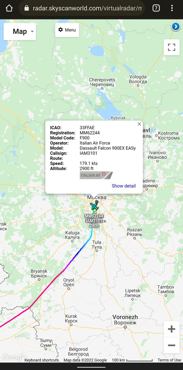 scan_sky's tweet photo. Italian Air Force - Dassault Falcon 900EX - #MM62244 - #IAM3101
Inbound To Vnukovo International Airport 🇷🇺 From Rome-Ciampino Airport 🇮🇹
Aboard Is Italian Minister of Foreign Affairs Luigi Di Maio, Who Is Due To Meet With Vladimir Putin 🇷🇺 https://t.co/Q7jSwrUTfl