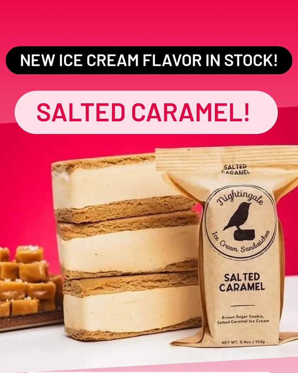 New Ice Cream flavor from Nightingale Ice Cream Sandwiches in stock: Salted Caramel!  Brown Sugar Cookies &amp; Salted Caramel Ice Cream! 🍻🍦Pairs great with Beer!

#icecream #nightingale #icecreamlover #brewery #food #foodie #sweettreats #saltedcaramel