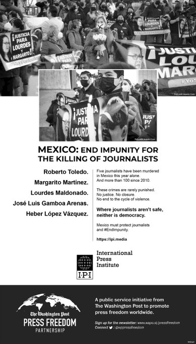 globalfreemedia's tweet photo. 5 journalists have been murdered in Mexico so far this year alone. 

Our full-page ad in today's @washingtonpost calls on Mexico to #EndImpunity for the killing of journalists. https://t.co/xxP1gypEkq
