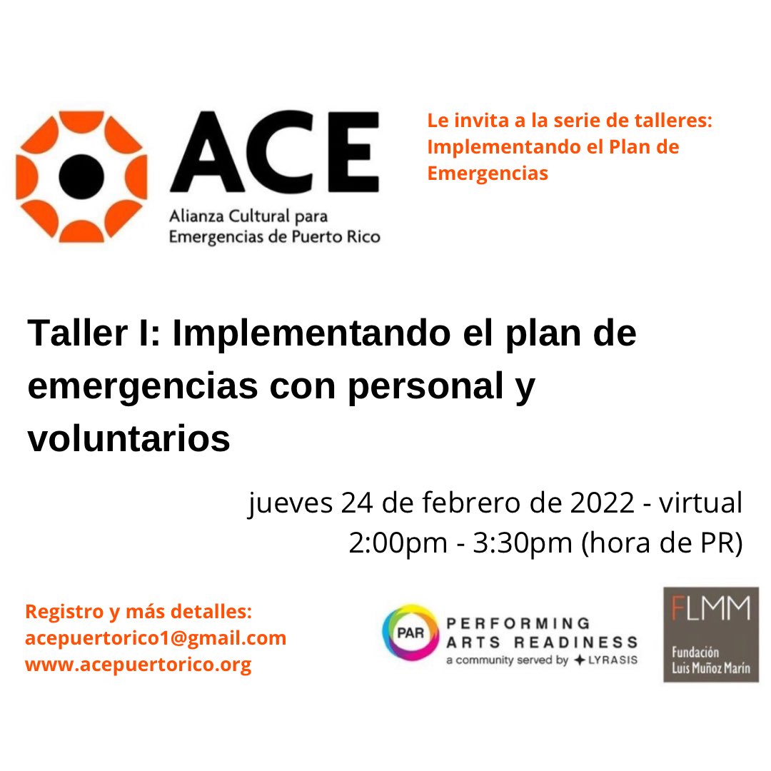 ArchivoVieques's tweet photo. Serie de Talleres de #ACEPR 2022 - Implementando el Plan de Emergencias. Los últimos jueves de mes a las 2:00pm, distintos acercamientos a la implementación de un plan de emergencias para sus colecciones. https://t.co/X9Ac2odUFd https://t.co/TxMdZGUUHi