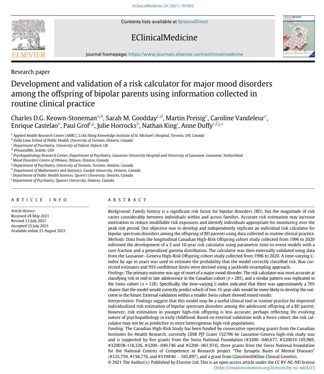Congratulations to CNS Member Dr. Anne Duffy on their publication in EClinical Medicine on individual risk of mood disorder calculator for young people with a confirmed family history! 🧠

doi.org/10.1016/j.ecli…