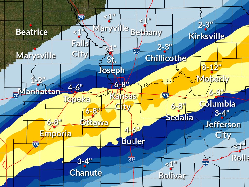 NWSKansasCity's tweet photo. Here is a look at the updated snow totals. Not much change to the forecast this go around. Timing on the change over still looks good.  The main changes this forecast was a slight shift south of the heavier snow totals. We also tightened up the northern gradient of snow totals. https://t.co/SLkB5PV4fR