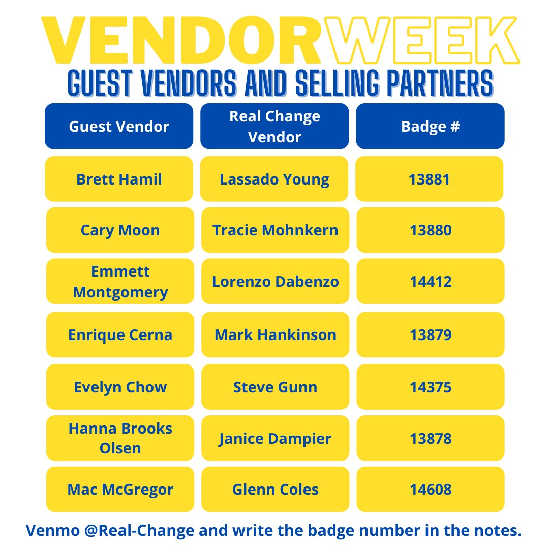 RealChangeNews's tweet photo. #VendorWeek starts today! Join local celebrities, paired with vendors, as they work hard to bring you the award-winning newspaper. Download the Venmo app today and buy your paper from a local team! All proceeds go to the vendor selling partners. #realchangenews🗞️🥳✨ https://t.co/Rb7OtksIV2