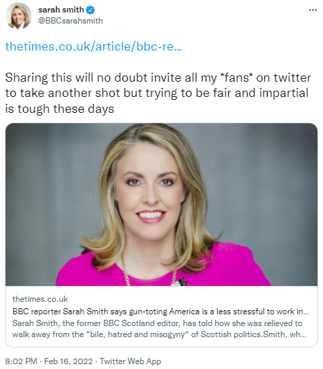msm_monitor's tweet photo. This is *classic* #Britter trolling. Smith doesn't need to share the article because the archived version is already being widely circulated and ridiculed. She leaves the UK for the USA with her reputation further tarnished. https://t.co/htV6o2JYTd