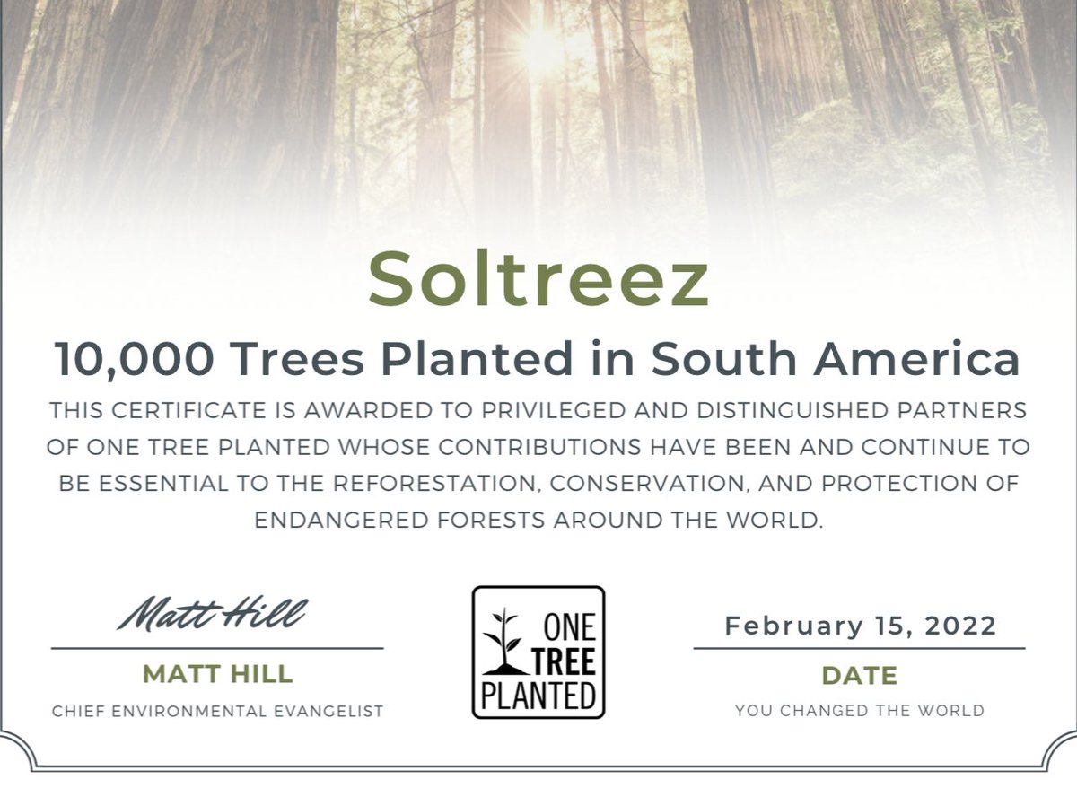 Whoever said NFTs are ruining the environment can take a seat…

10,000 new Trees will be planted in South America thanks to the SolTreez Community 🌳

Donation 1 of 4 down 💪

Thanks for sticking with us #Treegang