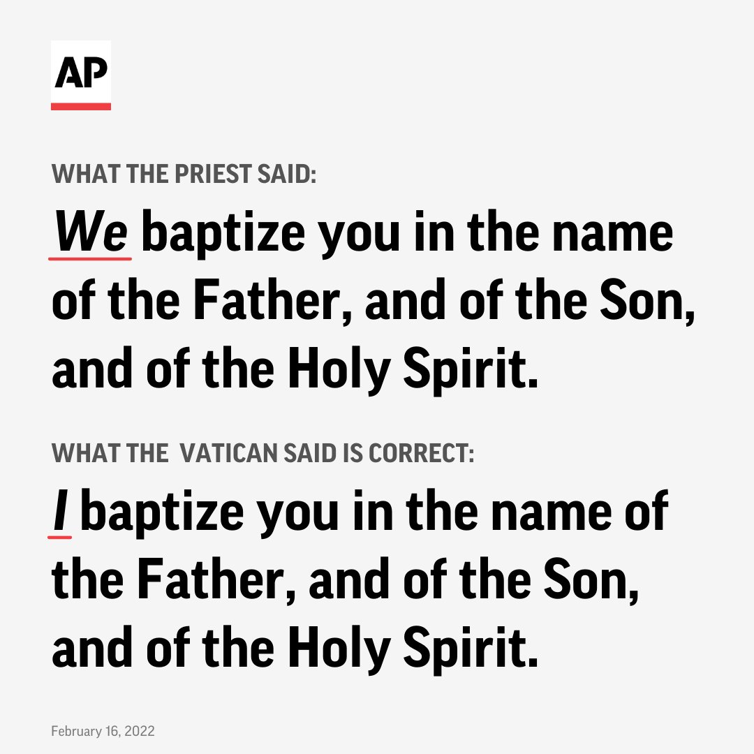 AP's tweet photo. The Catholic Church said baptisms performed by a priest who served in Arizona for 16 years are now presumed to be invalid because he used incorrect wording on a subtle but key component of the sacrament.

It’s unknown how many baptisms were affected. https://t.co/I6TnplTi7T https://t.co/OvabyPl4KO