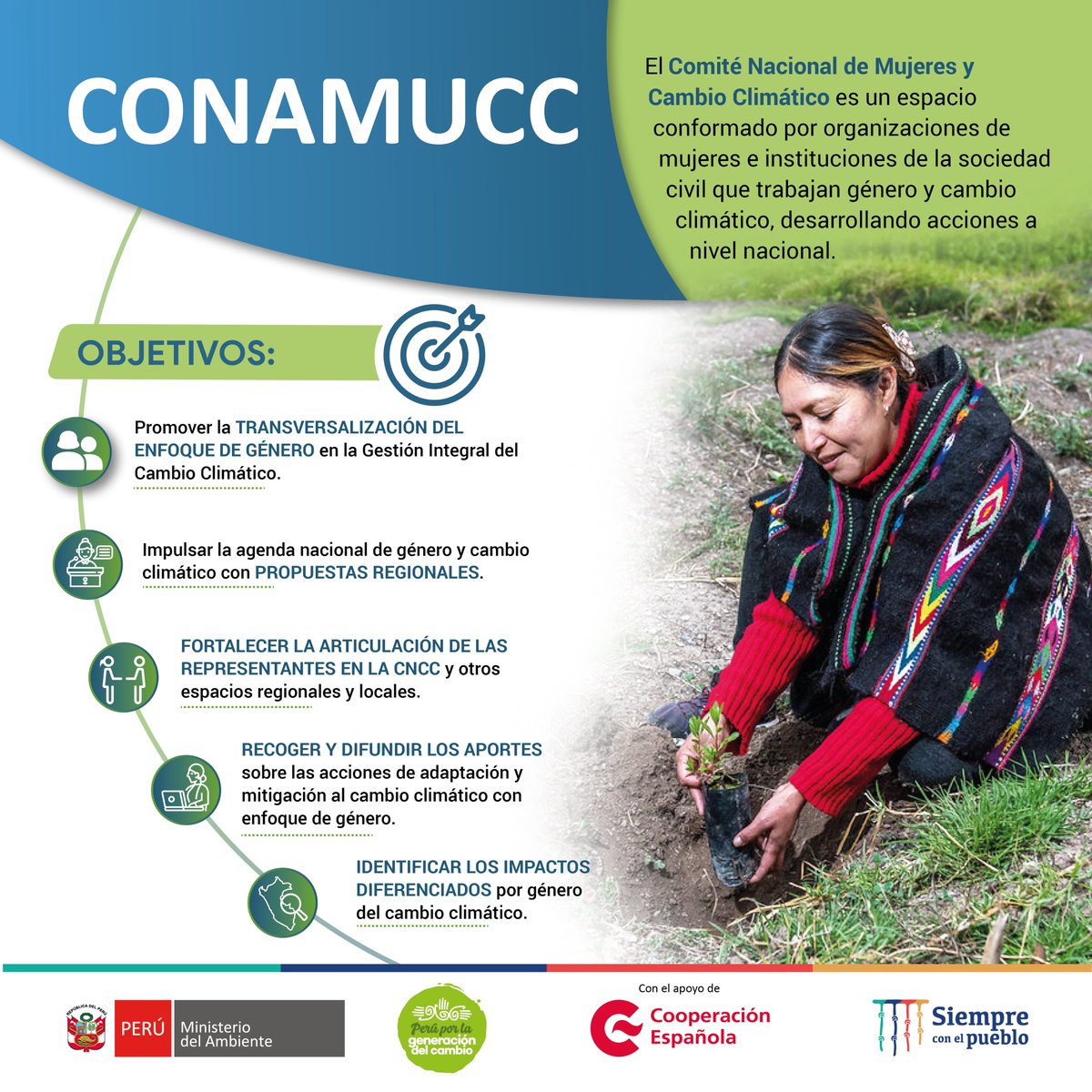 MinamPeru's tweet photo. 🤔¿Sabes qué es el Comité Nacional de Mujeres y Cambio Climático o #CONAMUCC? Conoce aquí sus objetivos y características, además del rol que cada día más mujeres de todo el país asumen para ser parte de la implementación de #NuestroDesafíoClimático.🌎🇵🇪
#PerúGeneraciónDelCambio https://t.co/HzzHyi9ixa