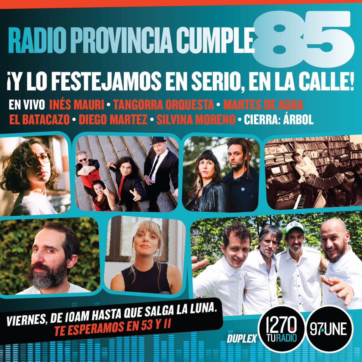 🎉Mañana cumplimos 85 y tiramos la radio por la ventana ¡Festejamos en la calle!
🎤9hs #Dúplex  #AM1270 #FM97Une 
☀️10hs Transmi afuera en 53 y 11
🎶15hs @Latiaines1 <a href="/Tangorraok/">Tangorra Orquesta</a> <a href="/Martes_de_agua/">Martes de agua</a> #ElBatacazo <a href="/DiegoMartez/">Diego Martez</a> <a href="/silvinamusica/">Silvina Moreno</a>🎵  
🌟19hs #Árbol <a href="/arbolofc/">ÁRBOL</a> 
#DespegaProvincia