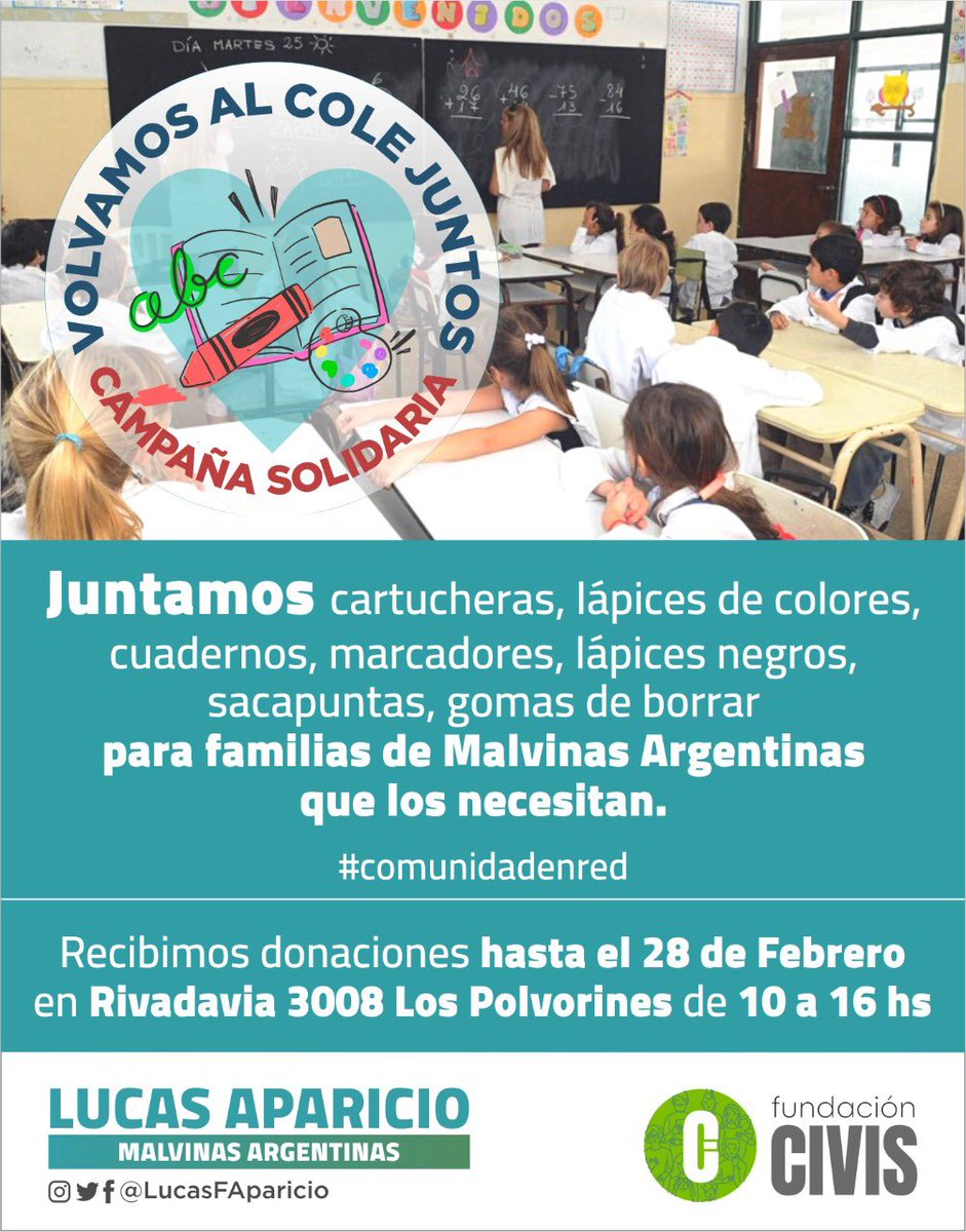 ¡VUELVEN LAS CLASES!
Desde #FundaciónCivis, estamos juntando donaciones de útiles nuevos, para que 200 familias de #MalvinasArgentinas puedan tener todo en este comienzo de clases. 
Podés acercar tus donaciones hasta el 28 de febrero a:
📍Rivadavia 3006, Los Polvorines
¡GRACIAS!