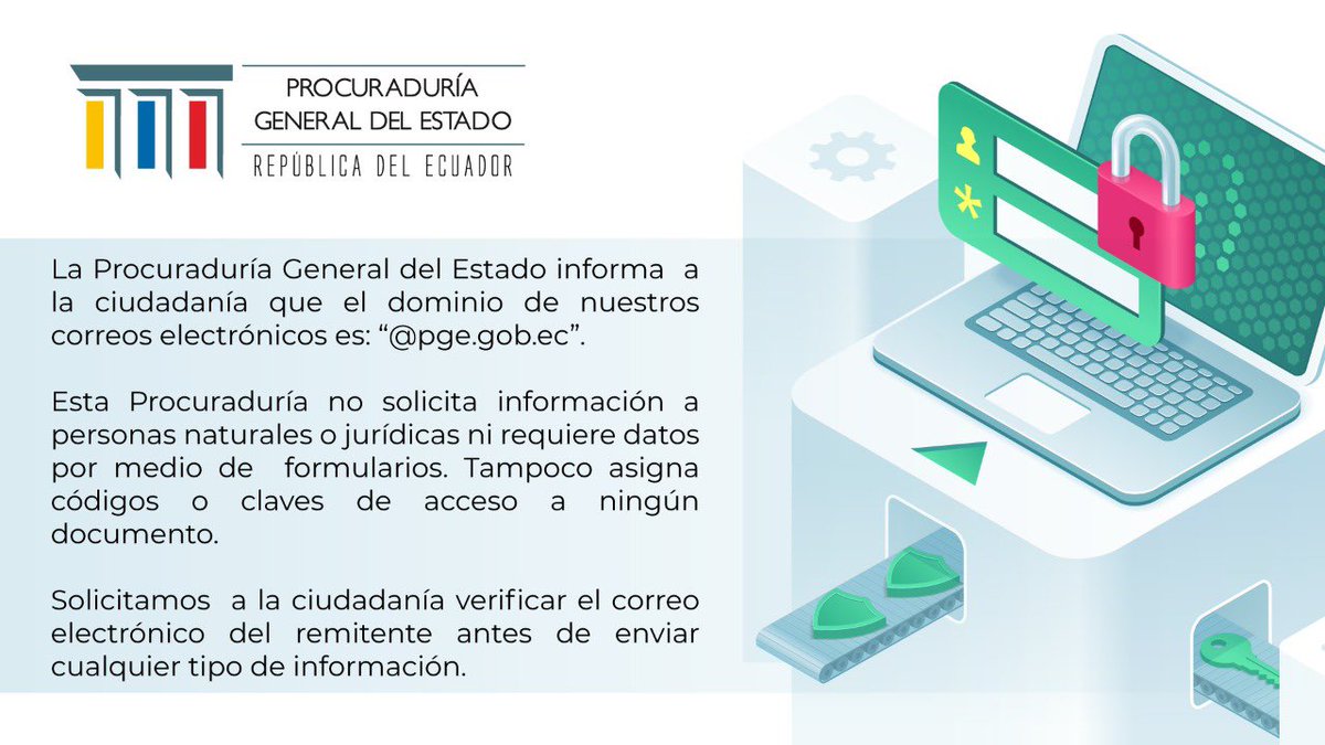 PGEcuador's tweet photo. #Importante| Ante la difusión de un correo electrónico malicioso a nombre de la Procuraduría General del Estado, informamos a la ciudadanía: ⬇️⬇️⬇️ https://t.co/Bgo2hKTpUj