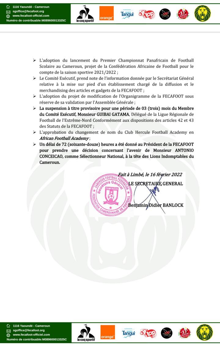 MediaSanaga's tweet photo. 🔴 ⚽ 🇨🇲 [ Session Ordinaire de la #FECAFOOT]
Session ordinaire du comité exécutif tenue ce jour à Limbé. 
Le président de la #Fecafoot a 72h pour décider de l'avenir du sélectionneur Antonio Conceiçao à la tête des Lions indomptables. #TeamCameroon

@SamuelEtoo
@FecafootOfficie https://t.co/pjCnbpiCVZ