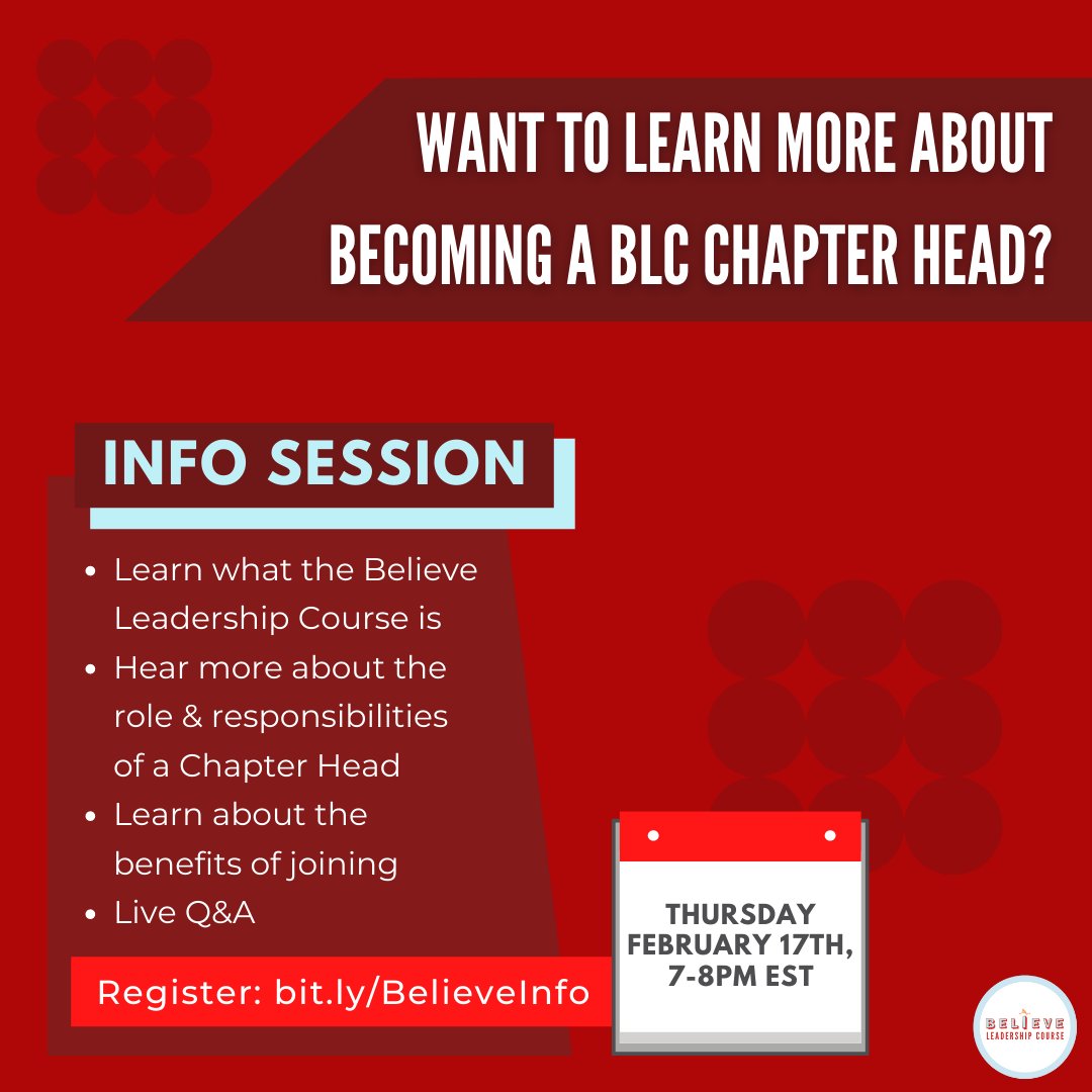 Want to learn more about becoming a BLC Chapter Head?

Come to our Info Session TOMORROW!

Learn about the role + benefits you'll receive from taking it on. Plus, get to ask your questions during live Q&amp;A!

📅 Thurs. Feb. 17th, 7:00-8:00PM EST
📝 REGISTER: bit.ly/BelieveInfo