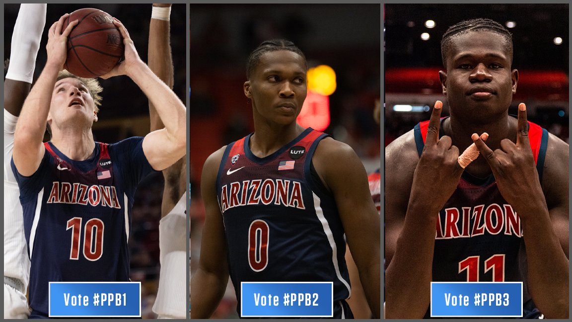 Pac12Network's tweet photo. .@ArizonaMBB has been serving up looks. 🔥

Which of these should win the @PacPremierBank Play of the Week? ⤵️

#PPB1: Ąžuolas Tubelis’ dunk
#PPB2: Bennedict Mathurin’s dunk
#PPB3: Oumar Ballo’s block https://t.co/5HqXNYCl7N