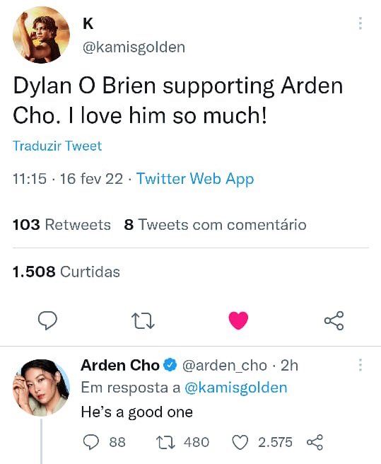 dylanobrienbr's tweet photo. Fã: Dylan O’Brien apoiando a Arden Cho. Eu o amo tanto!
Arden: Ele é um dos bons. 

🥺🥺🥺🥺🥺 https://t.co/Y5fOFFwKu2