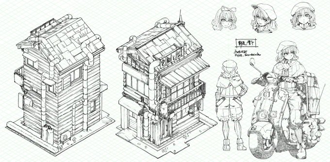 【設定画風】建物の裏面と師走の後ろ姿も描いて、線画は大体このくらい…?色は事務的に配色する感じかな。 