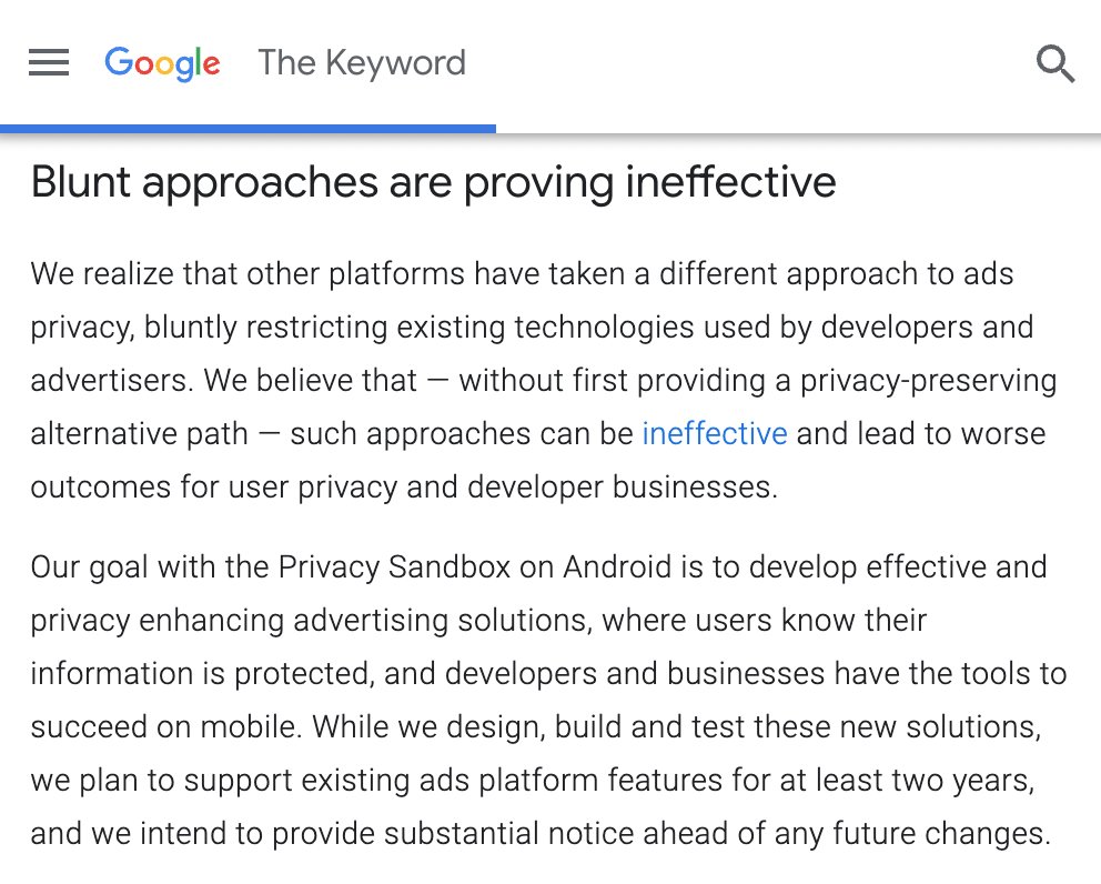 Facebook: Apple’s App Tracking Transparency is so effective that it’s costing us $10 billion in annual revenue.

Google: Apple’s App Tracking Transparency is so ineffective that we aren’t implementing it on Android.

More privacy gaslighting by Google. freedom-to-tinker.com/2019/08/23/dec…