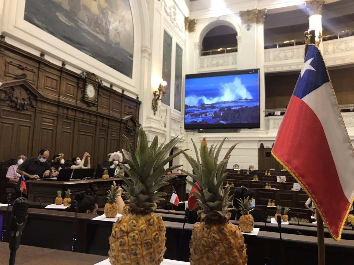 En estos momentos se desarrolla la ceremonia de entrega de las piñas envíadas desde Rapa Nui, al pleno de la Convención Constituyente. La diplomática Manahi Pakarati y el arqueólogo Sergio Rapu son parte de quienes acompañan a la constituyente, @TiareHey