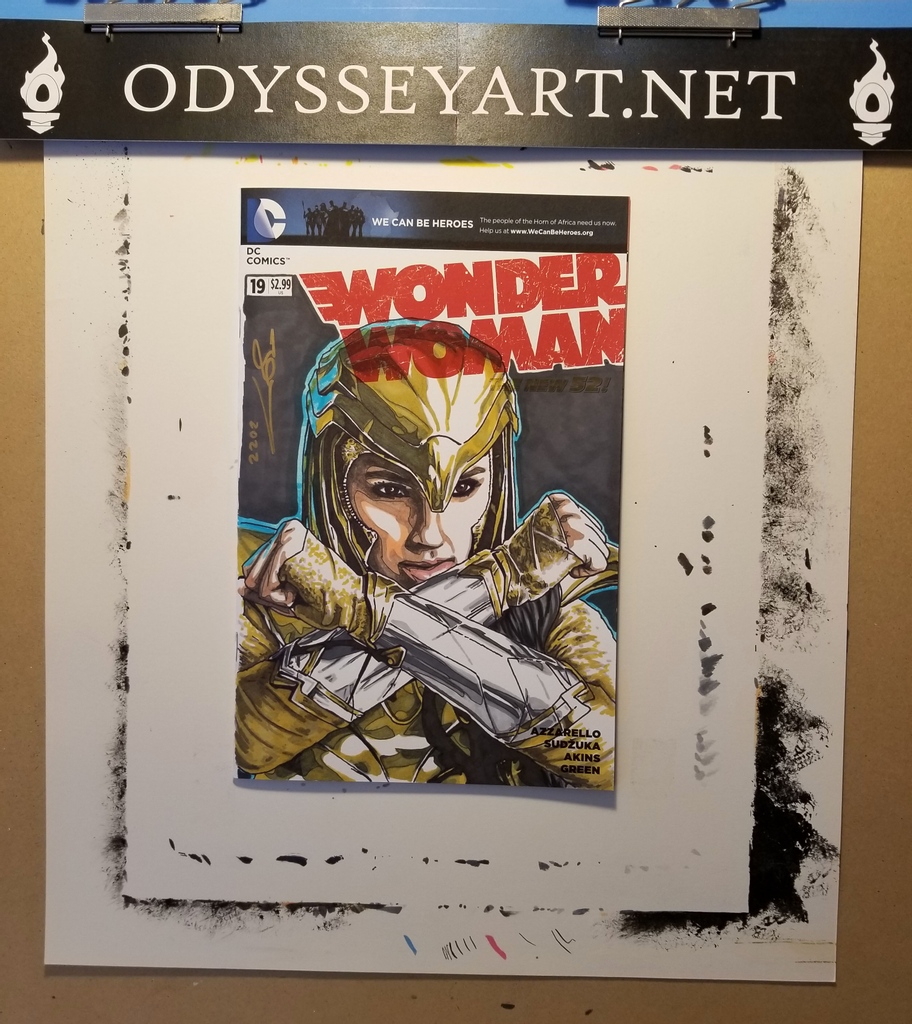 DC Comics Wonder Woman #19 (2013) sketch cover featuring Gal Gadot in her Wonder Woman 1984 gold armor. Created during live-stream using Sharpie, Prismacolor, Copic, graphite and blue highlighter.

Full time lapse video in feed.

For sale on our website:
https://t.co/oxq01Dm5YW https://t.co/u6LYAN2BkJ