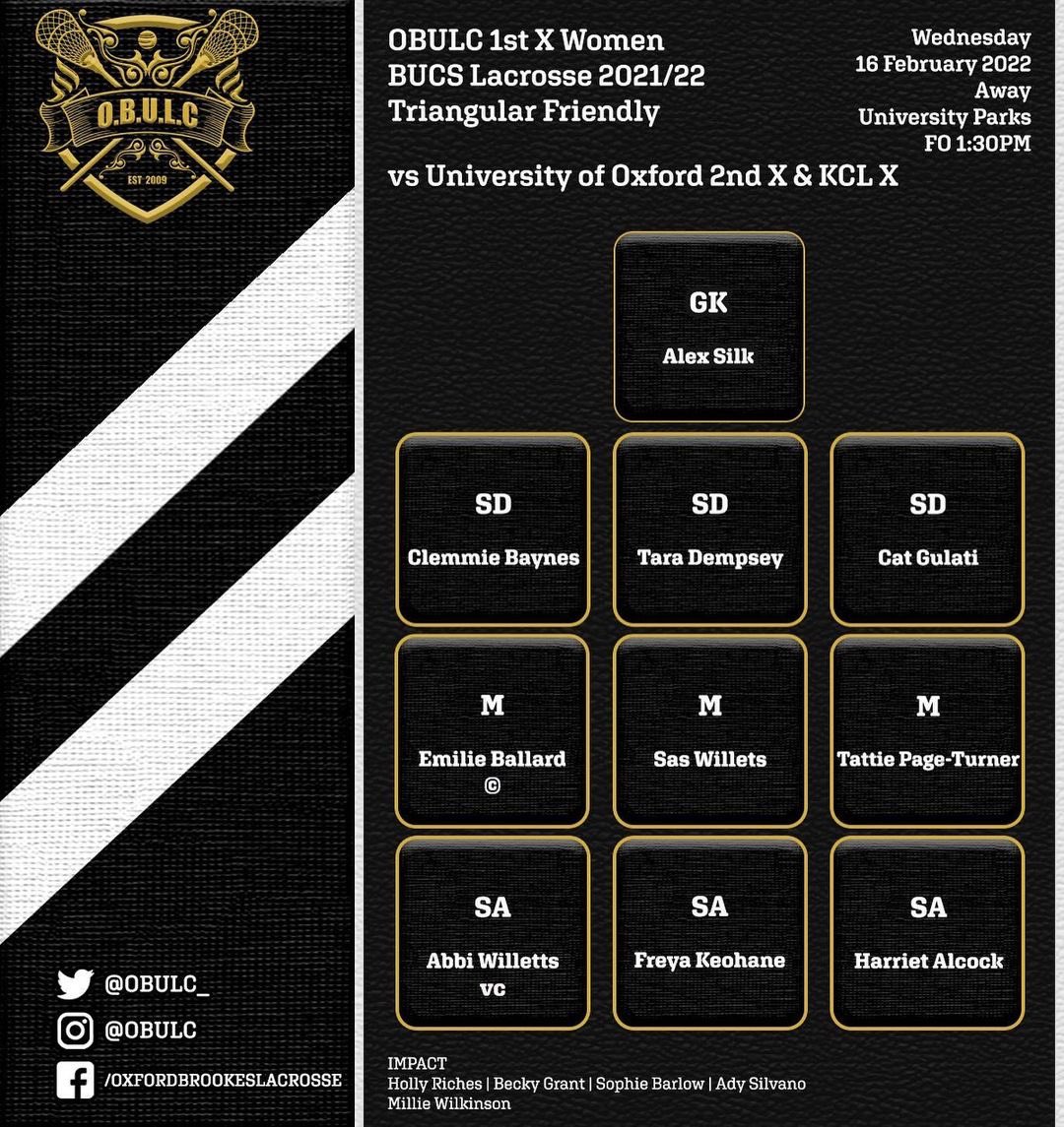 🚨BUCS Game Week 14🚨

Date: 16/02/22 🗓

Women’s 2nd X vs @LacrosseWarwick 2nd X (H) - 1:00pm FO 🥍

Men’s 2nd X vs <a href="/UoL_Lacrosse/">𝐋𝐢𝐧𝐜𝐨𝐥𝐧 𝐥𝐚𝐜𝐫𝐨𝐬𝐬𝐞</a> 1st X (H) - 2:30pm FO 🥍

Womens 1st X vs <a href="/OULC_tweets/">OULC</a> 2nd and <a href="/KCLLacrosse/">King's Lacrosse Club</a> X (A) - 1:30pm FO 🥍
Triangular Friendly Fixture

#OBULC #Lacrosse #BUCS