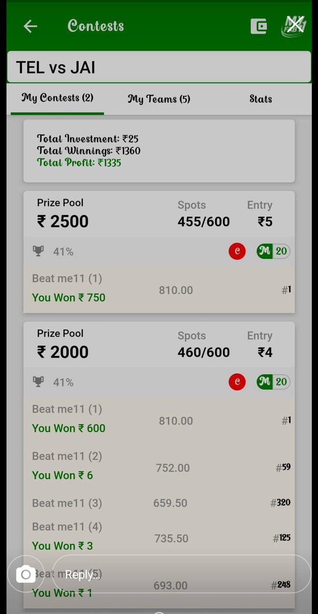 SportsStatsFree's tweet photo. 🚨☑️👍 Again 1 More Day Again 2 More User Won Mini Grand League at #MyFab11 of Our Fantasy Prediction For Free YouTube Channel and Telegram Channel Regular Members. Congratulations to All of You.
#FantasyPredictionForFree #WonMiniGL https://t.co/QPrJOvuBCE