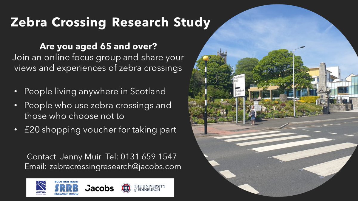 Are you aged 65 and over and living in Scotland? Join an online focus group and share your views and experiences of zebra crossings. For more information contact: Jenny Muir at 0131 659 1547 or zebracrossingresearch@jacobs.com

When: 10am-12pm, Mon March 7 via Zoom

@agescotland https://t.co/59lBFMFs4P