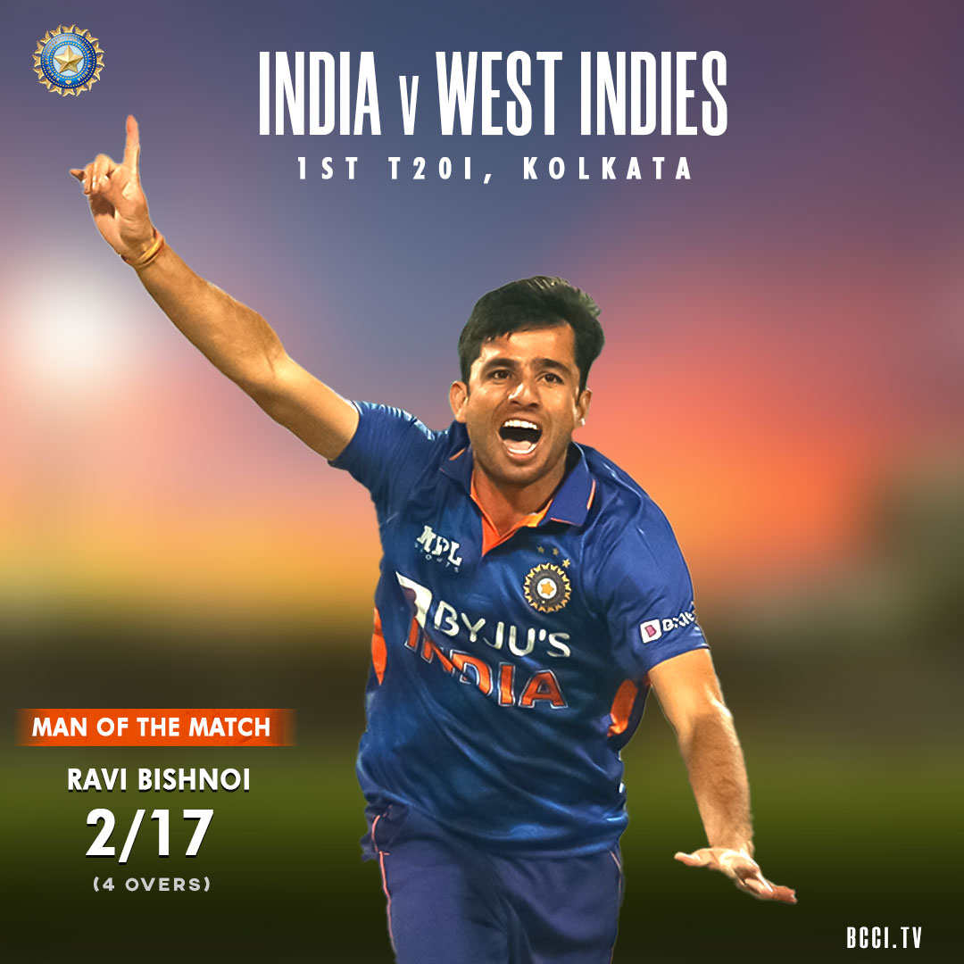 BCCI's tweet photo. Debutant @bishnoi0056 is adjudged Man of the Match for his bowling figures of 2/17.

@Paytm #INDvWI https://t.co/Dccu6EQSII