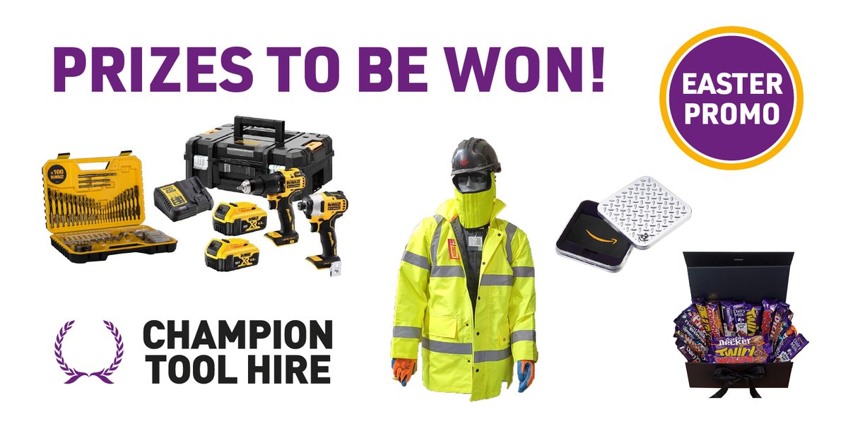 ** You've got to be in it to win it! ** 
For all transactions until 22nd April 2022, your name will be entered into a prize draw where you could win a prize!
Even better reason to tackle that project now.

Find out more... championtoolhire.co.uk/offers/