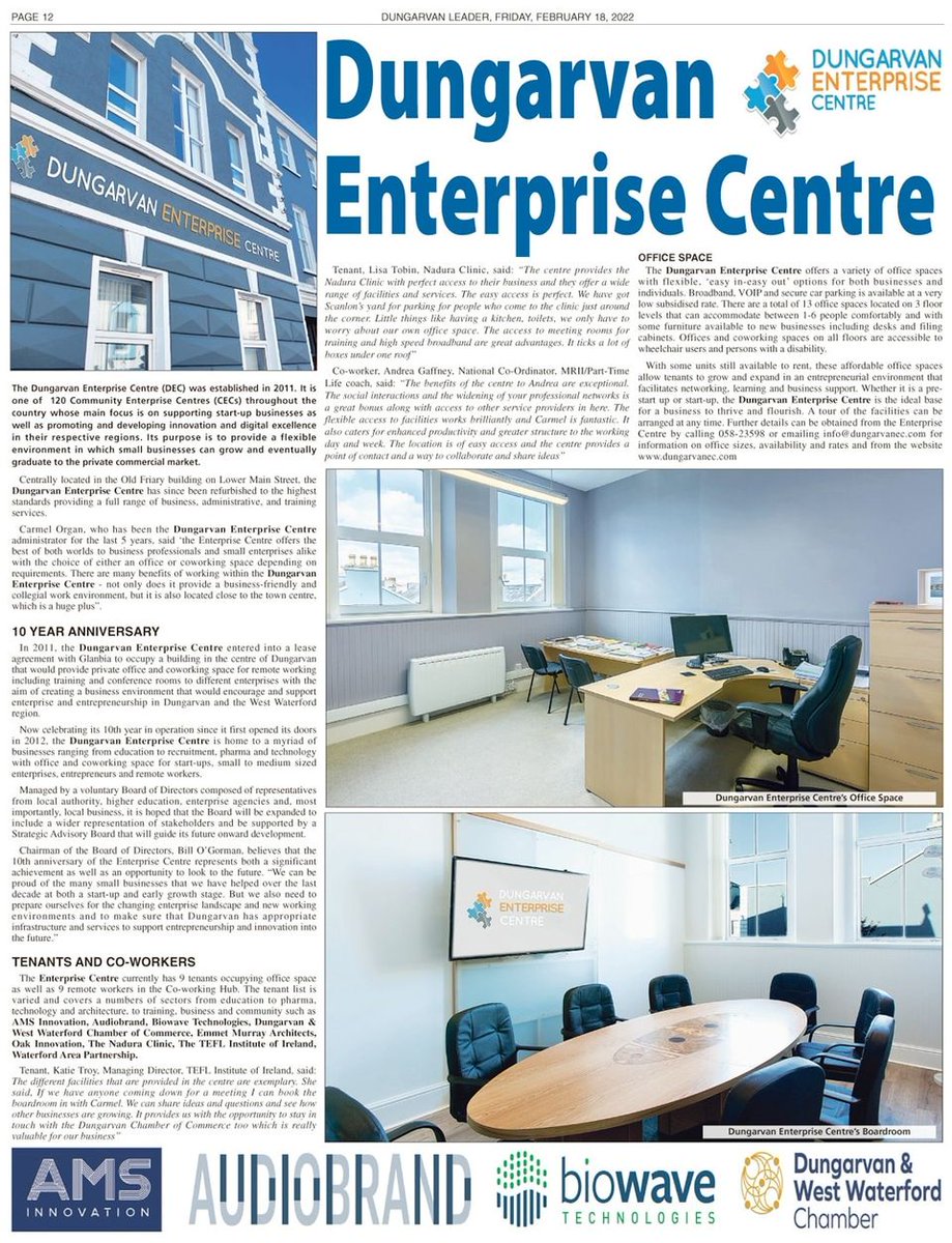 dungarvanec's tweet photo. Check out the 2 page feature in this week's @dungarvanleader on the Dungarvan Enterprise Centre to mark its 10 year anniversary #businesscentre #enterprise #innovation #officespace #coworkinghub #remoteworking https://t.co/9uIFH8GHMo
