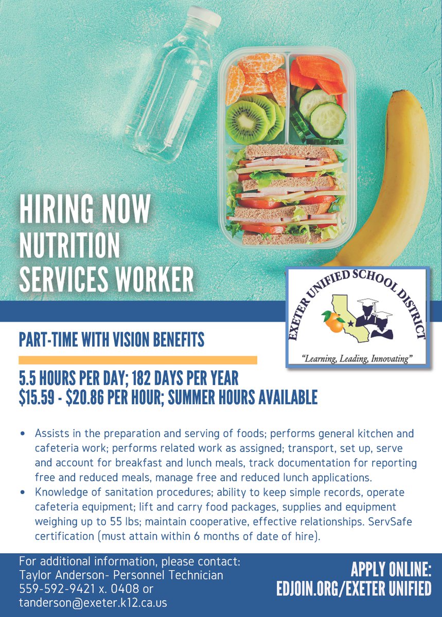 Exeter Unified is looking for a part-time Nutrition Services Worker. Applications are accepted online via edjoin.org/exeterunified.… #ExeterCA #TulareCounty #ExeterUnified <a href="/CityofExeter/">CityOfExeter</a> <a href="/TheSunGazette/">The Sun-Gazette</a>