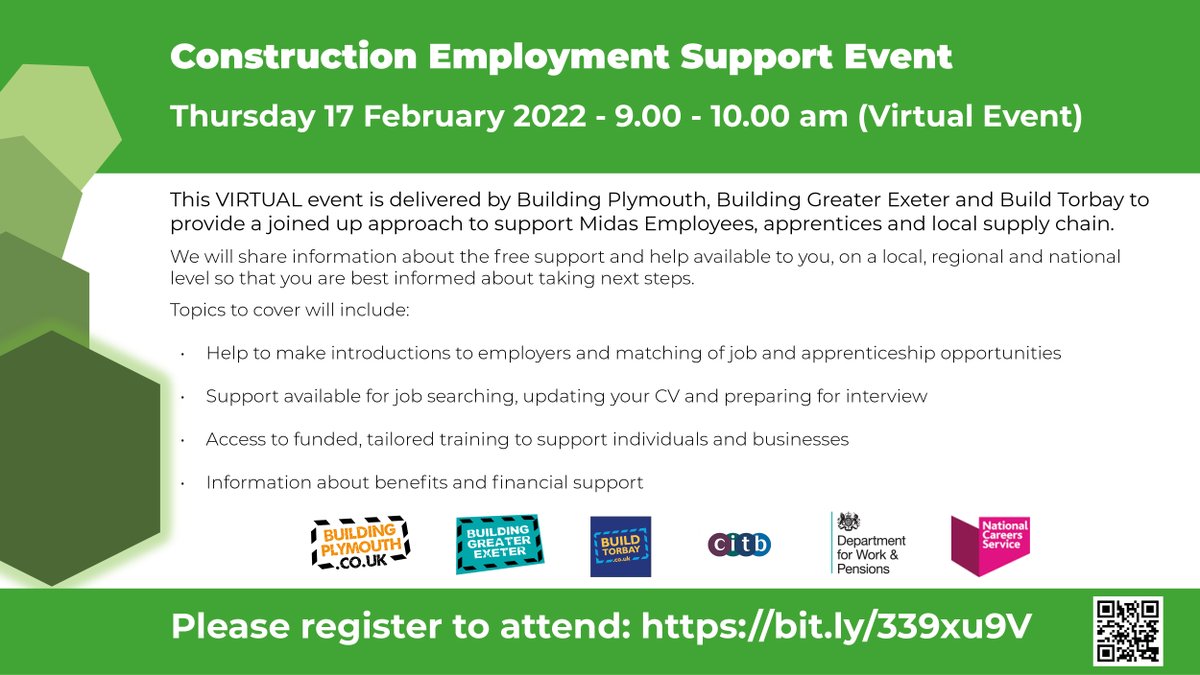 buildplymouth's tweet photo. ⏰ THERE'S STILL TIME ⏰ to book your space on our virtual Construction Employment Support Event tomorrow morning at 9:00. REGISTER here 👉 https://t.co/7GtYaGtoFk
#BuildingPlymouth
#BuildingGreaterExeter
#BuildTorbay
#NationalCareersService
#HinkleyPoint
#CITB
#DWP https://t.co/b3YVEwASnm