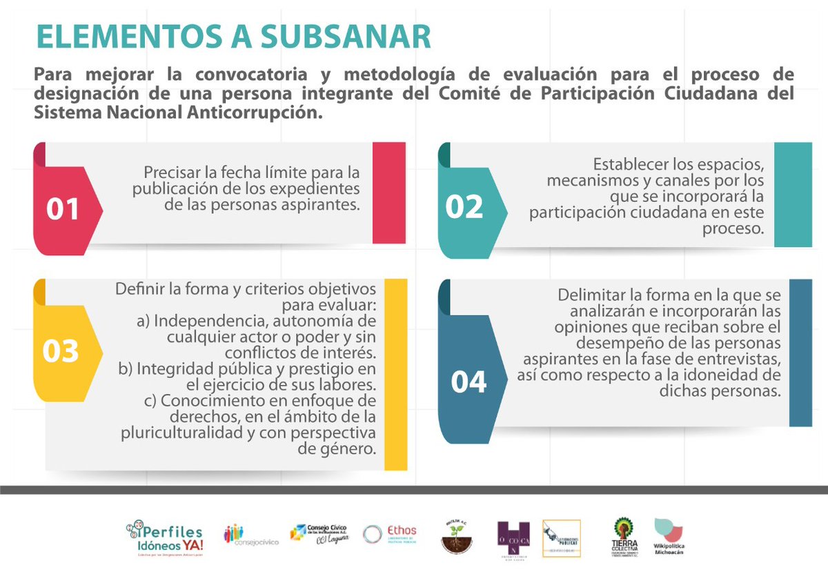 #DesignacionesCPC | Desde #PerfilesIdóneosYa  llamamos a  la <a href="/ComSNA21_24/">Comision de Seleccion 2021-2024</a> a que precise a la brevedad estos 4️⃣ aspectos de la convocatoria para designar a una integrante del <a href="/ComiteCPC/">CPC</a> y con ello dar certeza jurídica y claridad.

#SinCuotasNiCuates