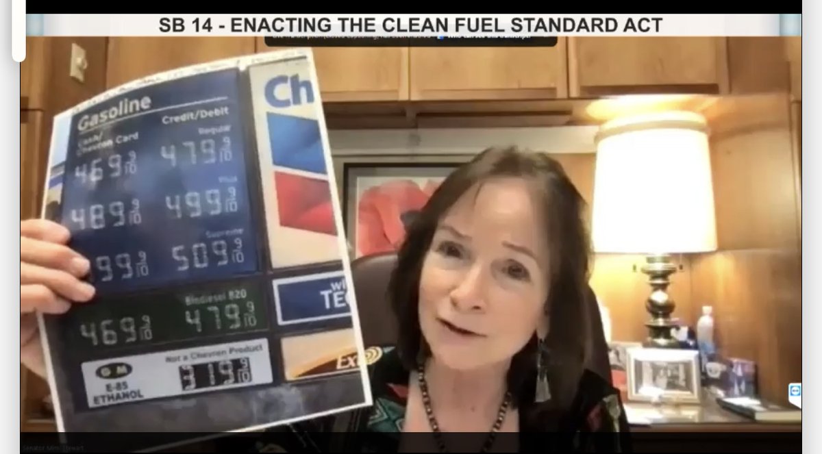 NMEnvDep's tweet photo. Senate Pro Tem @Sen_MimiStewart shows that clean fuel standards are producing cheaper fuels in #California and that can happen here in #NewMexico. Passing SB14 will result in economic investment, new jobs and cleaner air! https://t.co/I0TTqt6jwA