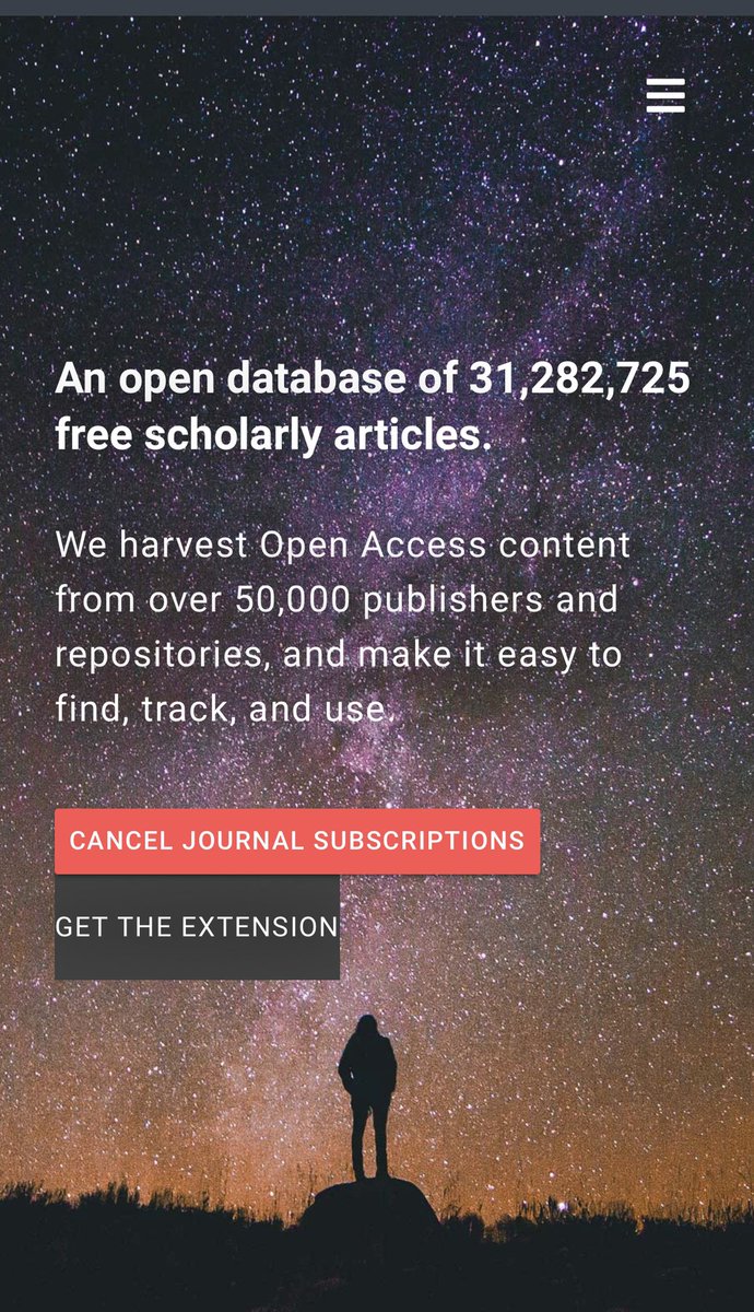 قاعدة البيانات Unpaywall مفتوحة المصدر وتحتوي أكثر 31 مليون دراسة علمية مجانية في  أكثر من 50 الف دار نشر.…
تستطيع الحصول على المقالات المغلقة بشكل قانوني.

*احفظها بالمفضلة 🤍وقت حاجتك لاسترجاع بحث أو دراسة لاحقاً.

#مكتبات_رقمية
#يوم_التأسيس_السعودي 

unpaywall.org