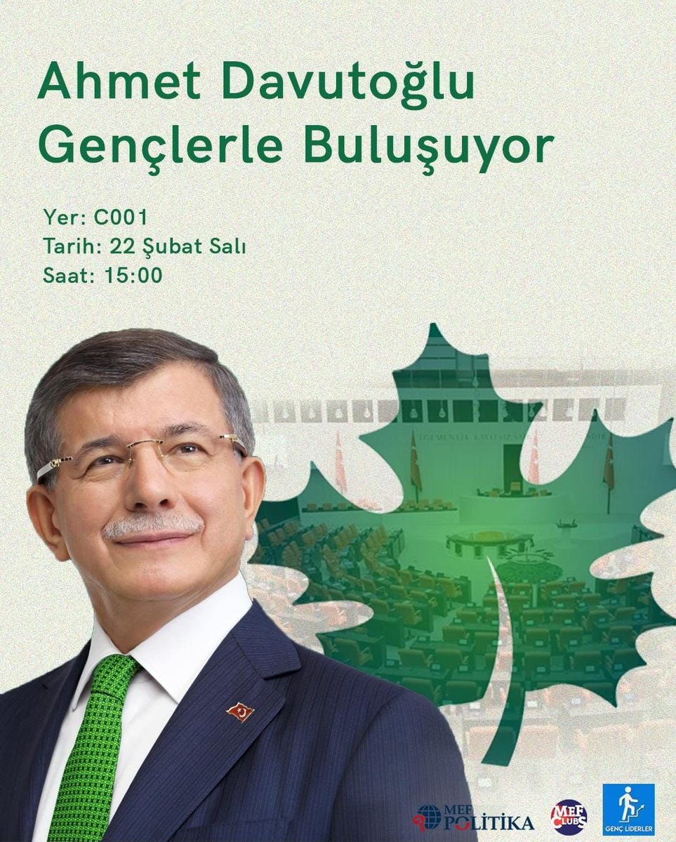 SİYASİ LİDERLER MEF ÖĞRENCİLERİYLE BULUŞUYOR!
Merhaba değerli MEF’liler! Siyasi liderler ile birlikte yapacağımız etkinlikler serisine GELECEK Partisi Genel Başkanı Sayın Ahmet Davutoğlu’nu okulumuzda yüz yüze ağırlayarak devam ediyoruz! Katılım Linki: docs.google.com/forms/d/1oe4gB…