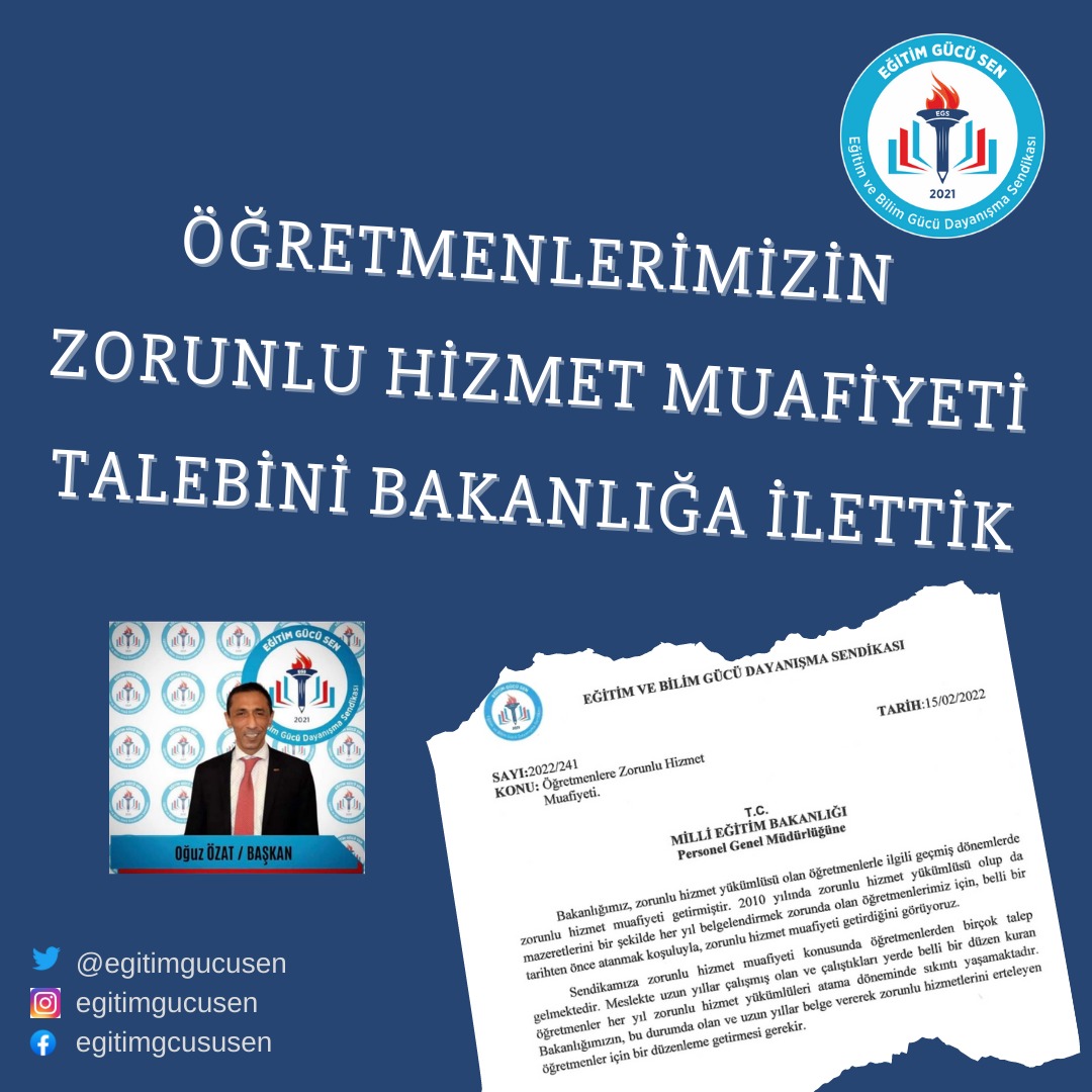 İLK KEZ bir sendika genel başkanı dile getirdi demiştik. Ekliyoruz iİLK KEZ bir sendika resmi olarak talebinizi bakanlığa iletti #zorunluhizmetmuafiyeti bekleyen öğretmenlerimize duyurulur! 
#ZorunluHizmetMuafiyeti