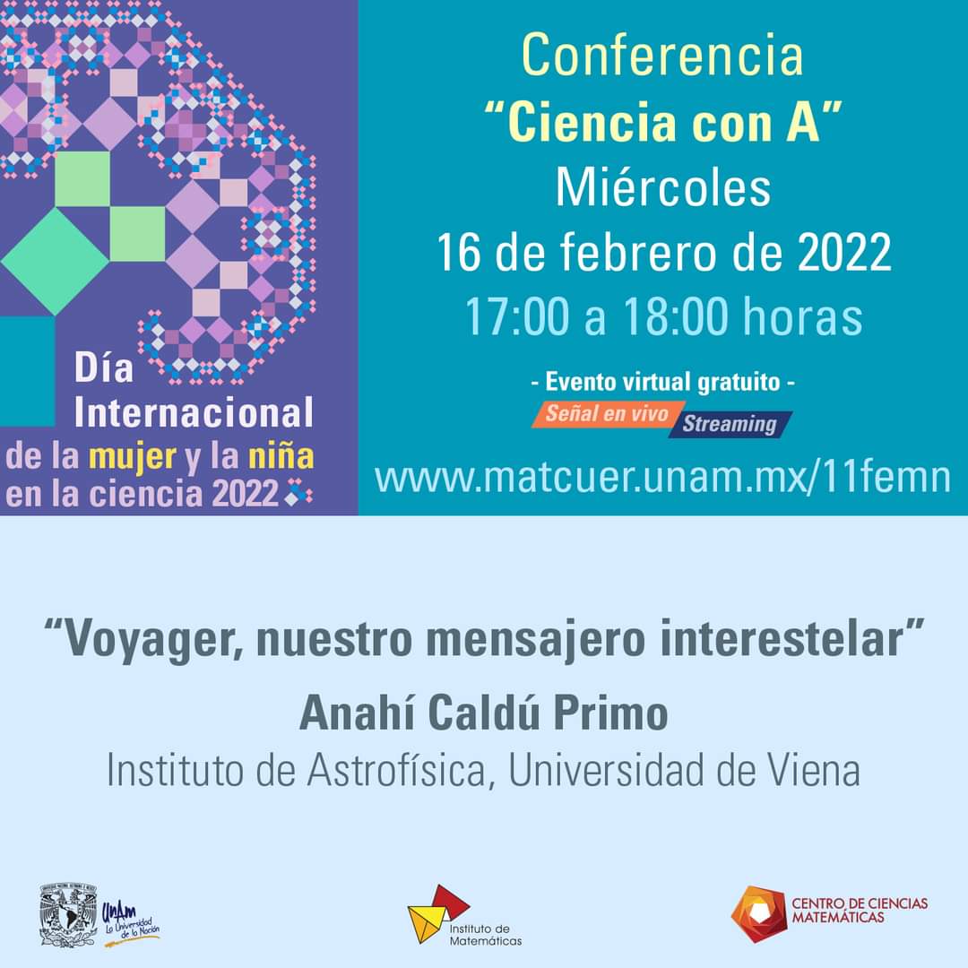 IRyAUNAM's tweet photo. #Hoy #EnVivo 
La Dra. Anahí Caldú, quien estuvo anteriormente en el IRyA, compartirá esta plática sobre las sondas Voyager en el canal de YouTube del Centro de Ciencias Matemáticas, UNAM 🛰️
https://t.co/0pQpc0sr52
#11F #11Feb #11F2022 #11Feb2022 https://t.co/v3niNXbpoH